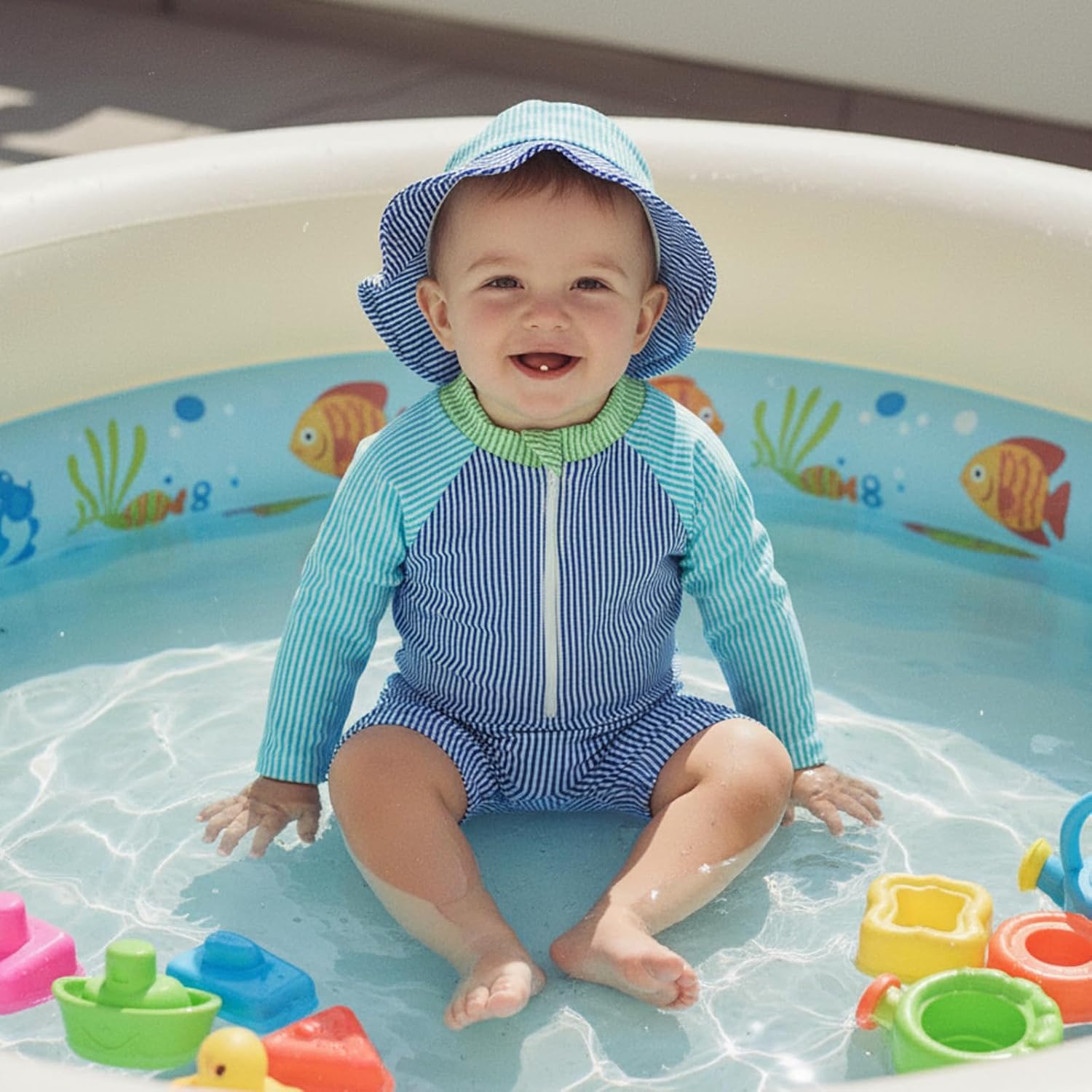 Toddler Baby Boys Seersucker Long Sleeve One Piece Rash Guard Swimsuit Zipper Bathing Suit Swimwear with Hat - Image 2