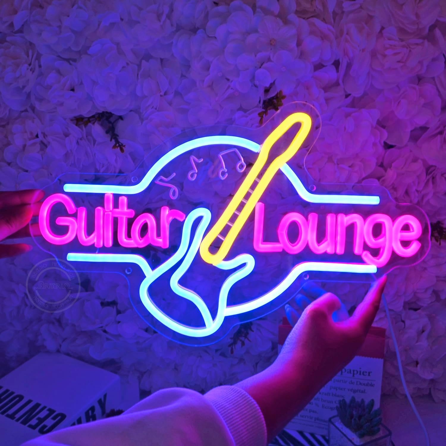 Britrio Guitar Neon Sign Wall Art Decor Lounge Live Music Studio Band Room Home Office Bedroom Man Cave Bar Club Light Up Rock Roll Sign Wedding Birthday Party Gift 16.5 IN