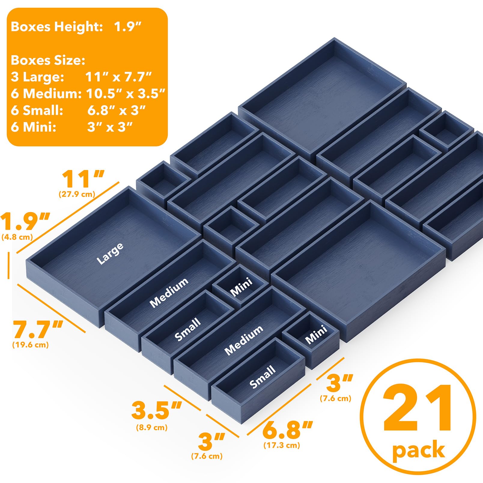 SpaceAid Juego de 21 cajas de almacenamiento organizadoras de cajones de bambú, bandeja de madera, organizadores de cajones de basura, contenedores divisores multiusos para cocina, baño, escritorio de