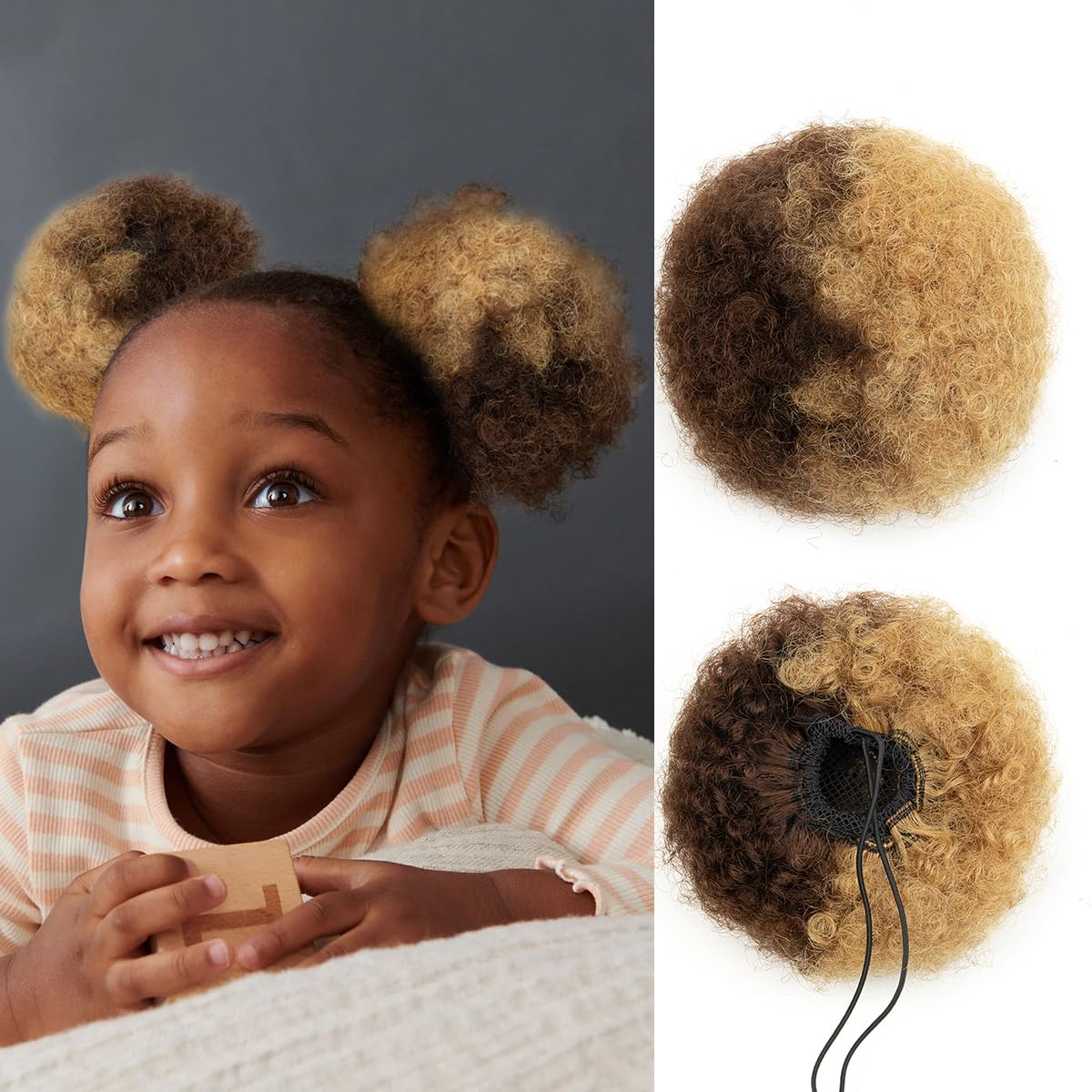 isheeny Small Human Hair Bun For Black Women, 100% Human Hair Bun Small Drawstring Ponytail For Little Girls, Curly Fake Hair Bun Natural, Soft, And Durable For Repeated Use (P4-27, Small 1pcs)