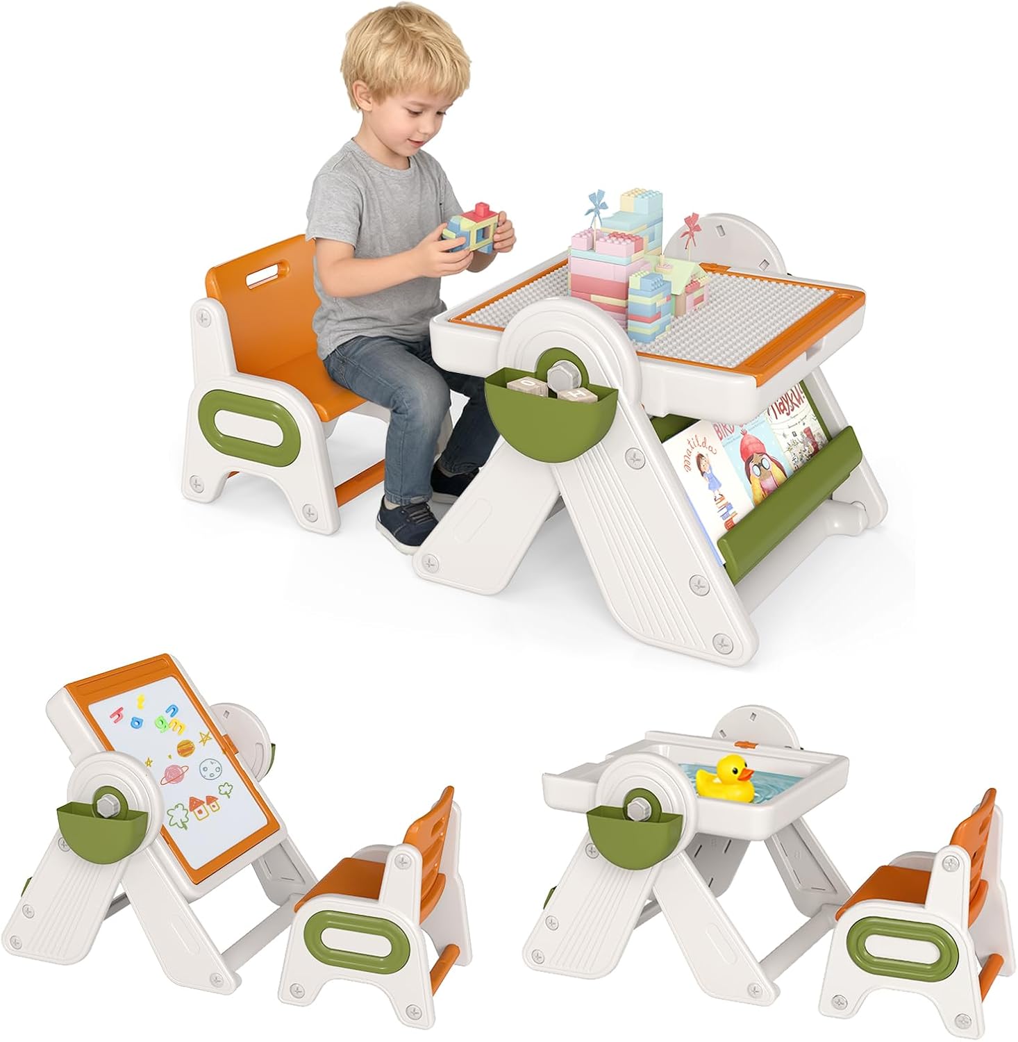HONEY JOY Kids Table and Chair Set, 9-in-1 Height Adjustable Art Easel w/Whiteboard, Building Block Tabletop, Bookshelf, Sand/Water Table, Storage, Folding Toddler Table and Chair Set (Orange)
