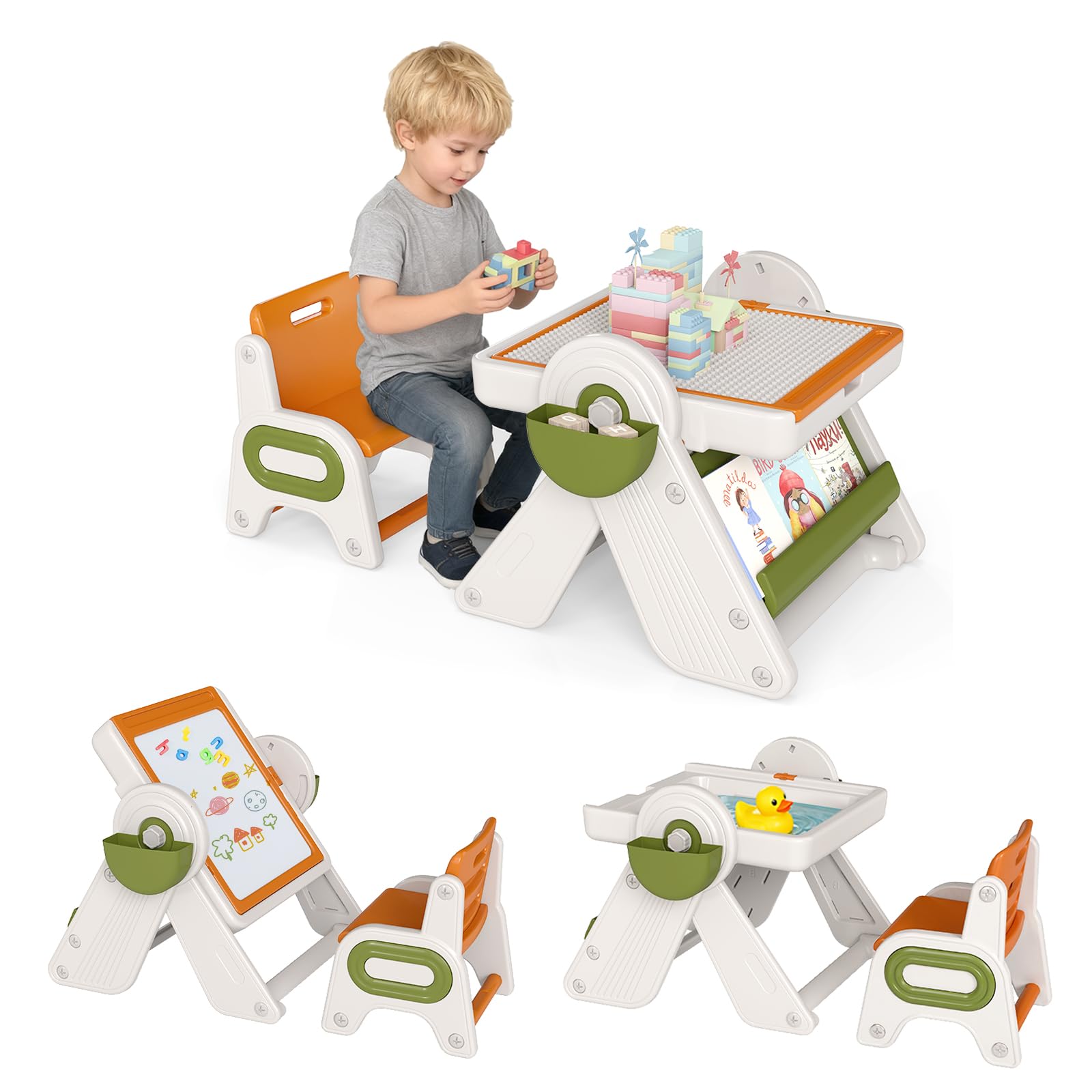 GOPLUS Table d'Activité Enfant Pliable avec Chaise pour 18+ Mois (Orange)
