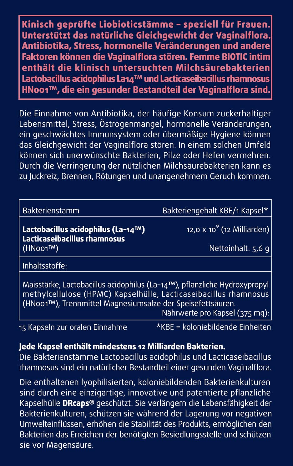 Femme Biotic Intim – Nahrungsergänzung mit ausgewählten Milchsäurebakterien für Frauen – Vegan – 15 Kapseln