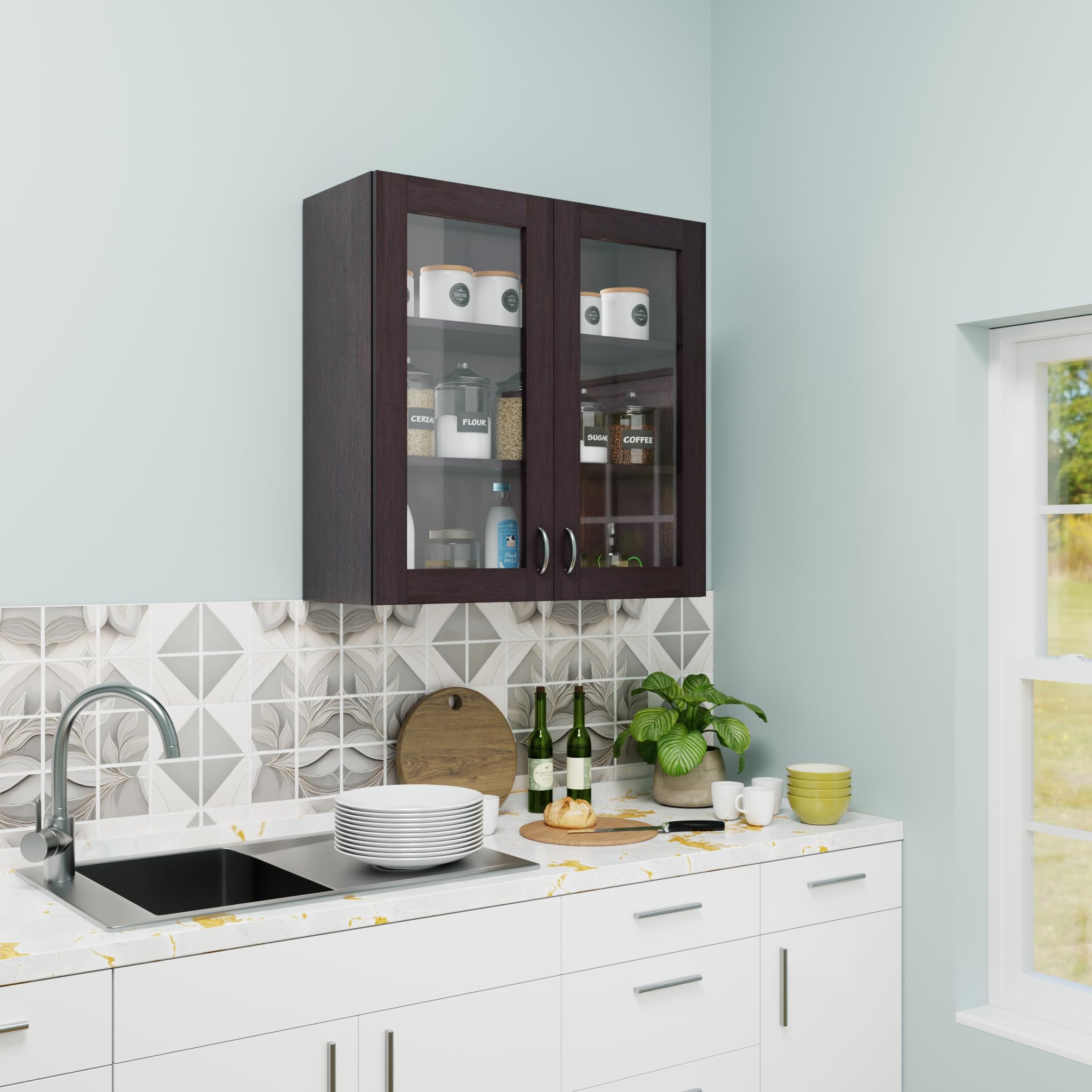 VIKI Furniture | Modular Kitchen Wall Cabinet – 2 Glass Door Cabinet | Space Saving Rack for Spices | DIY Home Storage Cupboard(Dark Wenge – 30D x 80W x 80H cm) | 1 Year Warranty-image-30