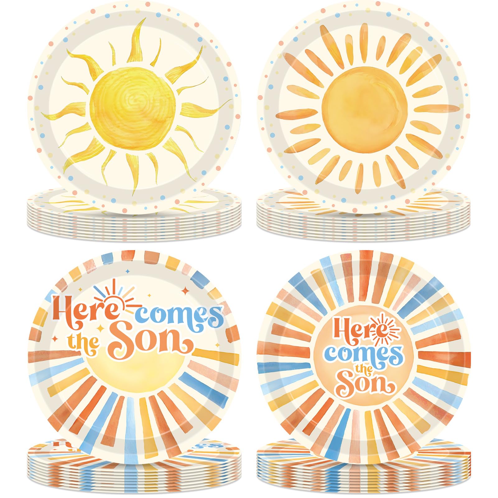 100Pcs Here Comes the Son Baby Shower Decorations for Boy Disposable Tableware Set Boho Sun 1st Birthday Paper Plates Boho Sunshine Hippie Party