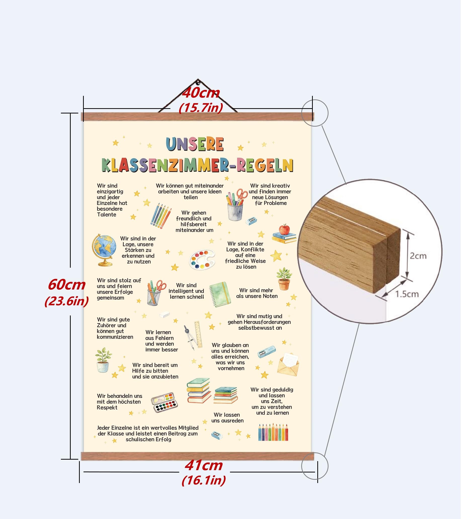 ZDFDC Unsere Klassenzimmer-Regeln Poster A2 Set mit Teakholz Magnetischer Posterleiste, 40x60 cm Leinwandbild für Grundschule, Kindergarten & Kinderzimmer, Motivierende Lernposter Wanddeko