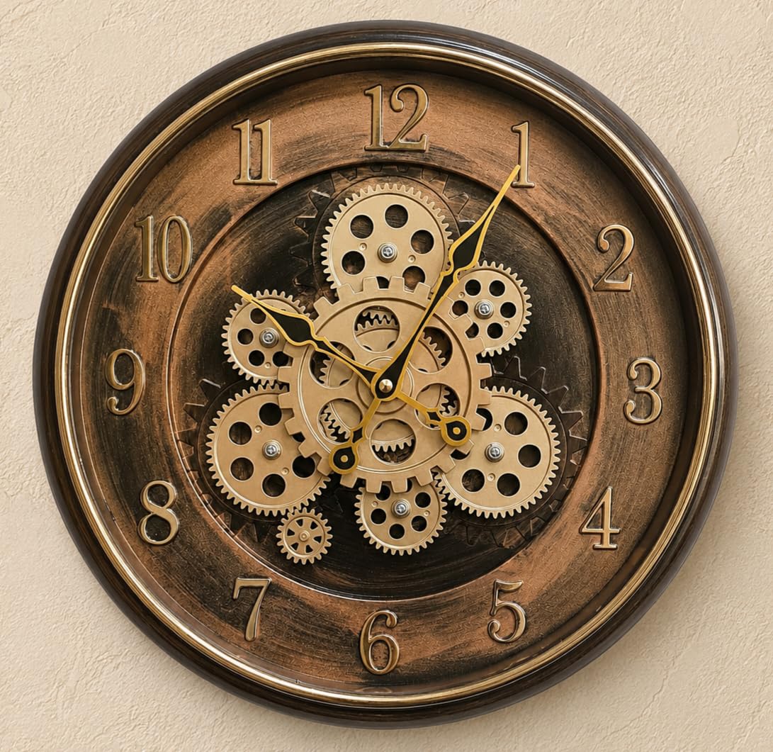 Vintage Industrial Moving Gears Wall Clock, 16 Inch Round Brown Mechanical Gear Design, Decorative Analog Clock for Living Room Office,-image-42