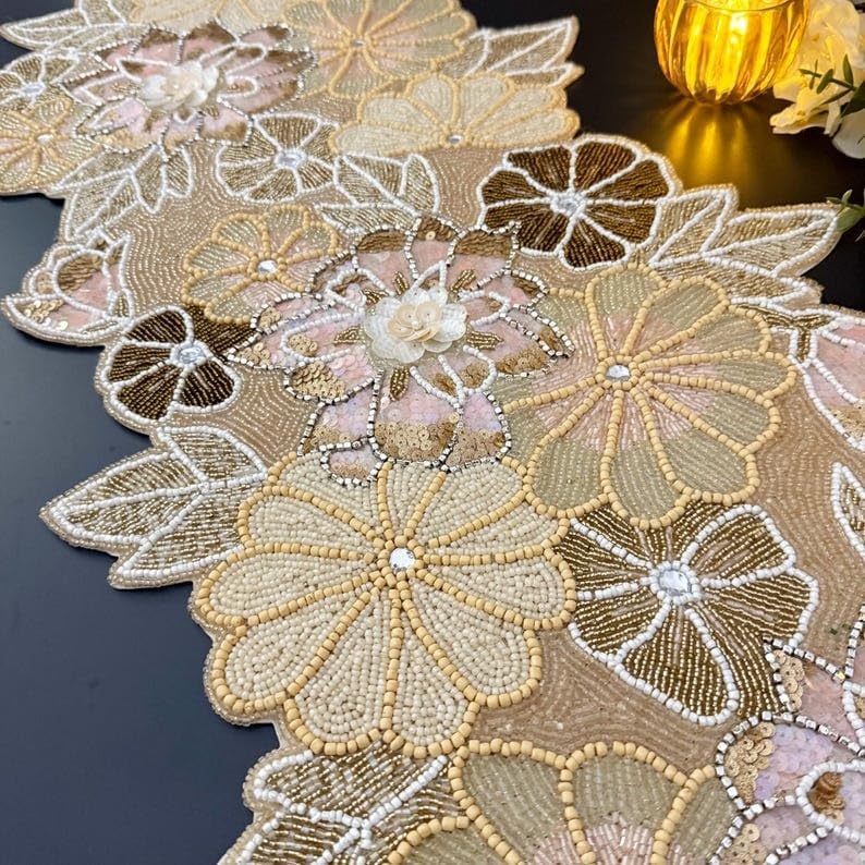 Table Runner, Handmade Beaded Spring Floral Runner, Floral, 13x36inch, Multicolour