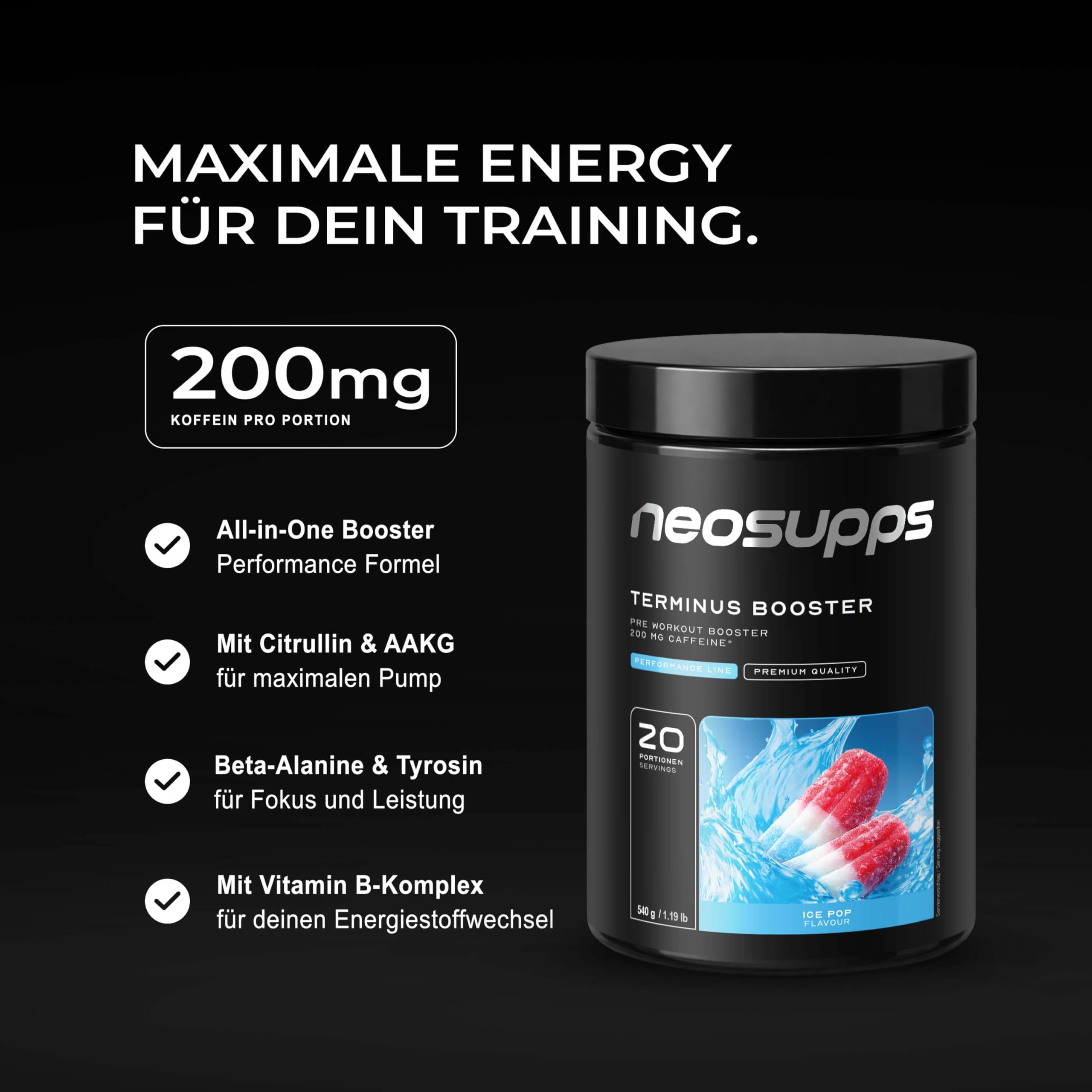 NEOSUPPS Pre Workout Booster Terminus XXL Ice Pop 540g, Fitness & Gym, Pre Workout Booster vegan, Pump & Fokus, geprüfte Qualität, 8.000 mg L-Citrullin, 20 Portionen