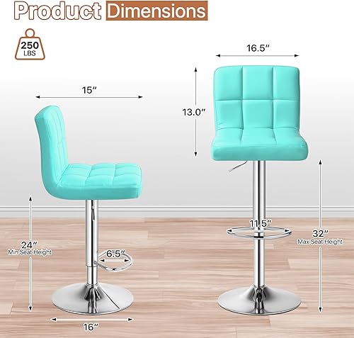 Miniatura 29 de Magshion Juego de 2 taburetes de bar, modernos taburetes de bar giratorios de piel sintética con respaldo, sillas de bar cuadradas ajustables sin