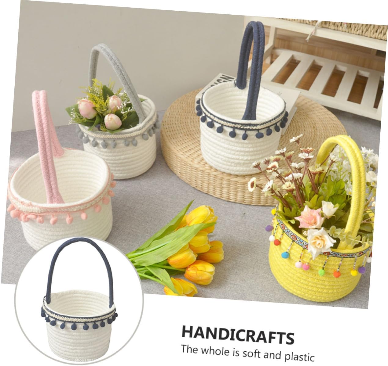Woven Cotton Rope Flower Basket for Storage Handcrafted Decorative Hamper with Unique Random Designs for Organizing Living Room Nursery Garden