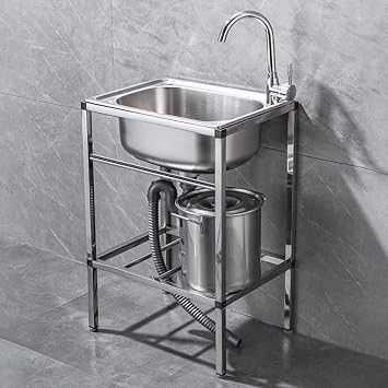 20inch Freestanding Single Bowl Kitchen Sink, Stainless Steel Utility Sink Commercial Kitchen Sink Single Bowl Utility Sink with Cold and Hot Faucet Silver Sink with Drain Basket Wash Station Sink