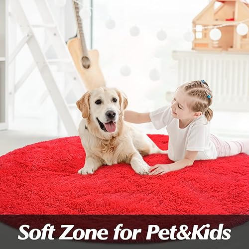 Miniatura 7 de Alfombra redonda roja para dormitorio de niñas, alfombra circular esponjosa de 4 x 4 pies para decoración de habitación de niños, alfombra circular