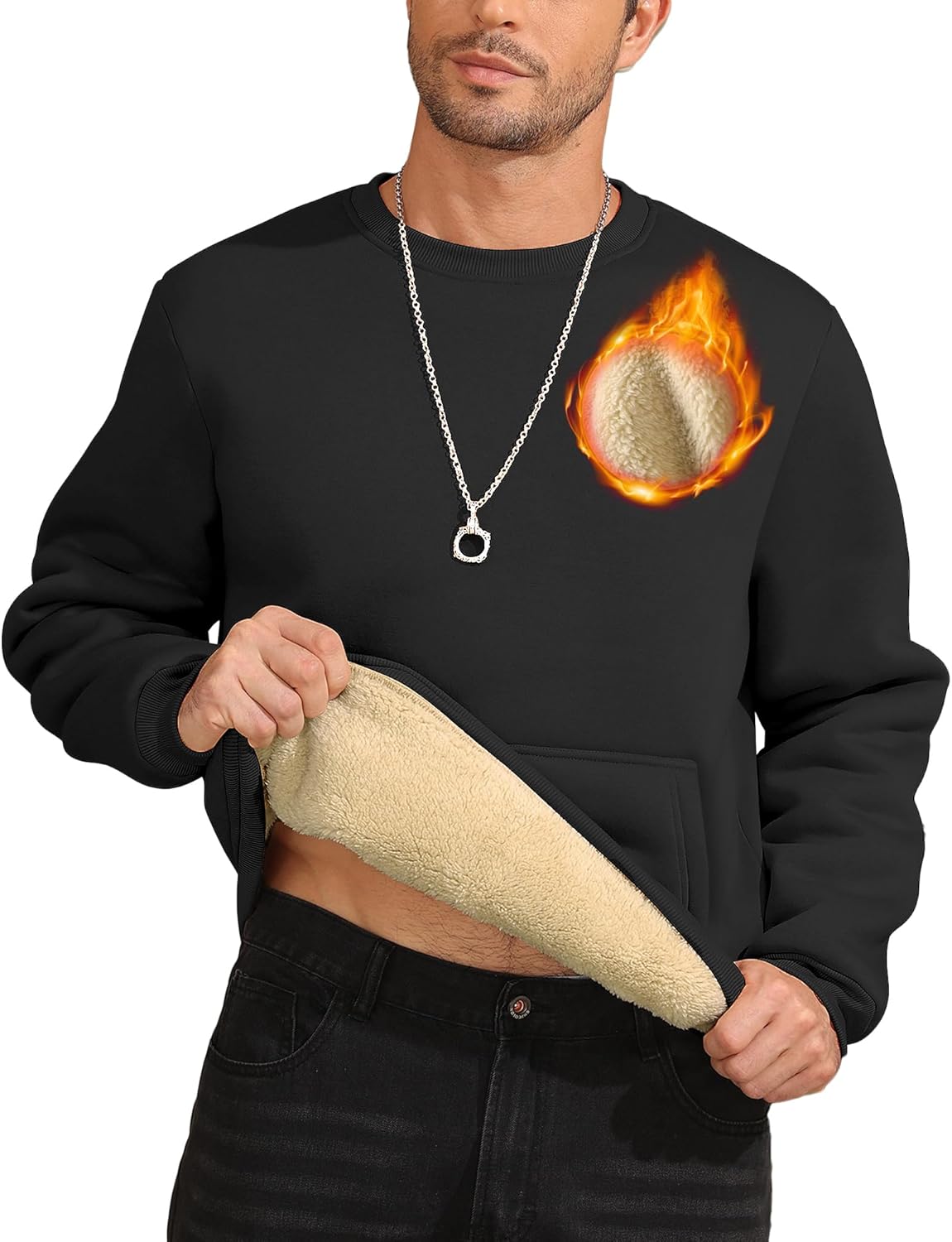 ZITY Men's Crewneck Sweatshirts Sherpa Lined Sweatshirt Warm Soft Heavyweight Winter Pullover Kangaroo with Pouch Pocket