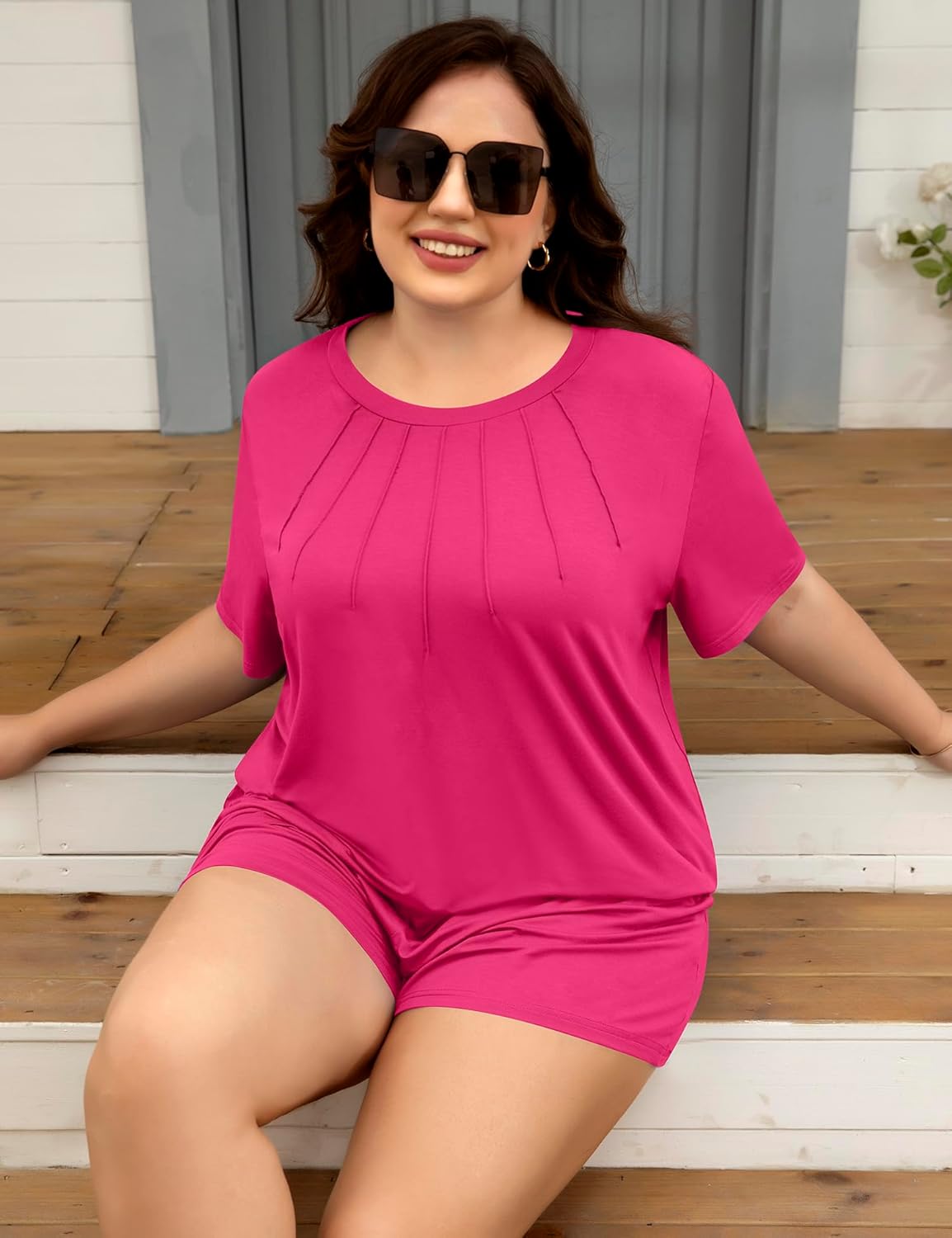 2 Piece Lounge Set Women Plus Size Pajamas Pleated Tops Shorts Set With Pockets PJs Summer Loungewear Sleepwear - Image 3