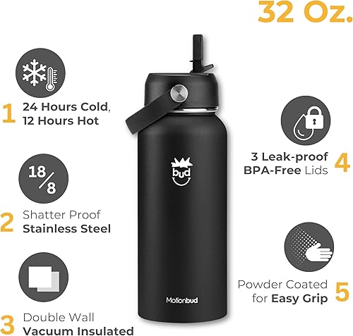 Miniatura 3 de Botella de agua aislada de 32 onzas, de acero inoxidable, termo a prueba de derrames, con 3 tapas, sin BPA, aislado al vacío, mantiene las bebidas