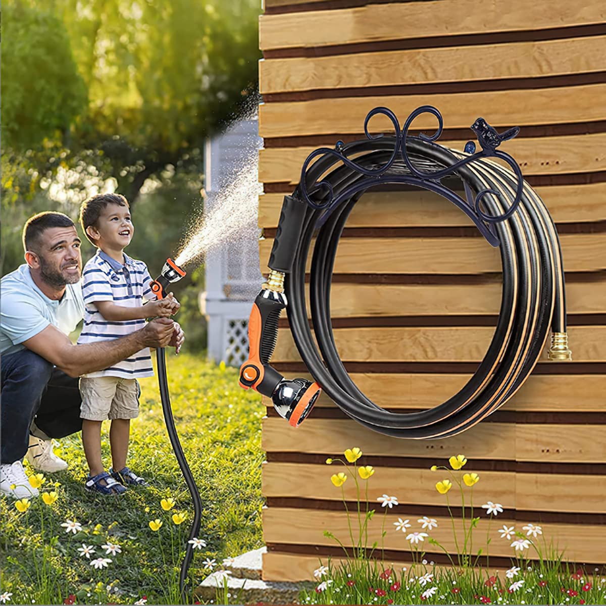 Garden Water Hose Hanger Wall Mount, Heavy Duty Garden Hose Holder Easily Holds Up To 110 ft, Long-term Use Metal Hose Storage with Hardware Hose Organizer Rack for Outside Yard, Wall Mount Decorative