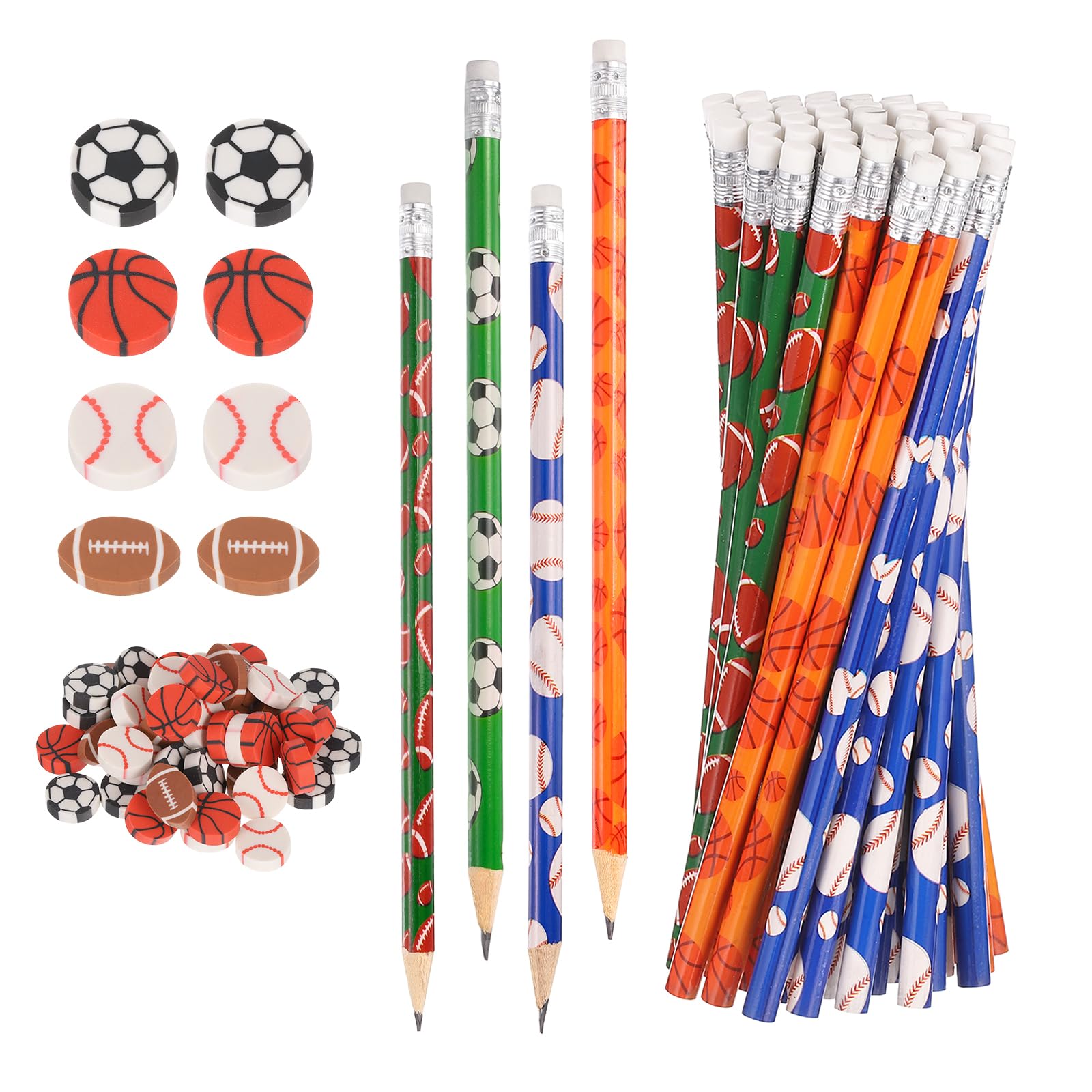 PATIKIL Sports Pencils with Eraser, 48 Pcs Fun Cute Wooden Pencils 48 Pcs Sport Ball Erasers Football/Basketball/Rugby/Baseball Theme for Party Favors Birthday Stationary Gifts Classroom