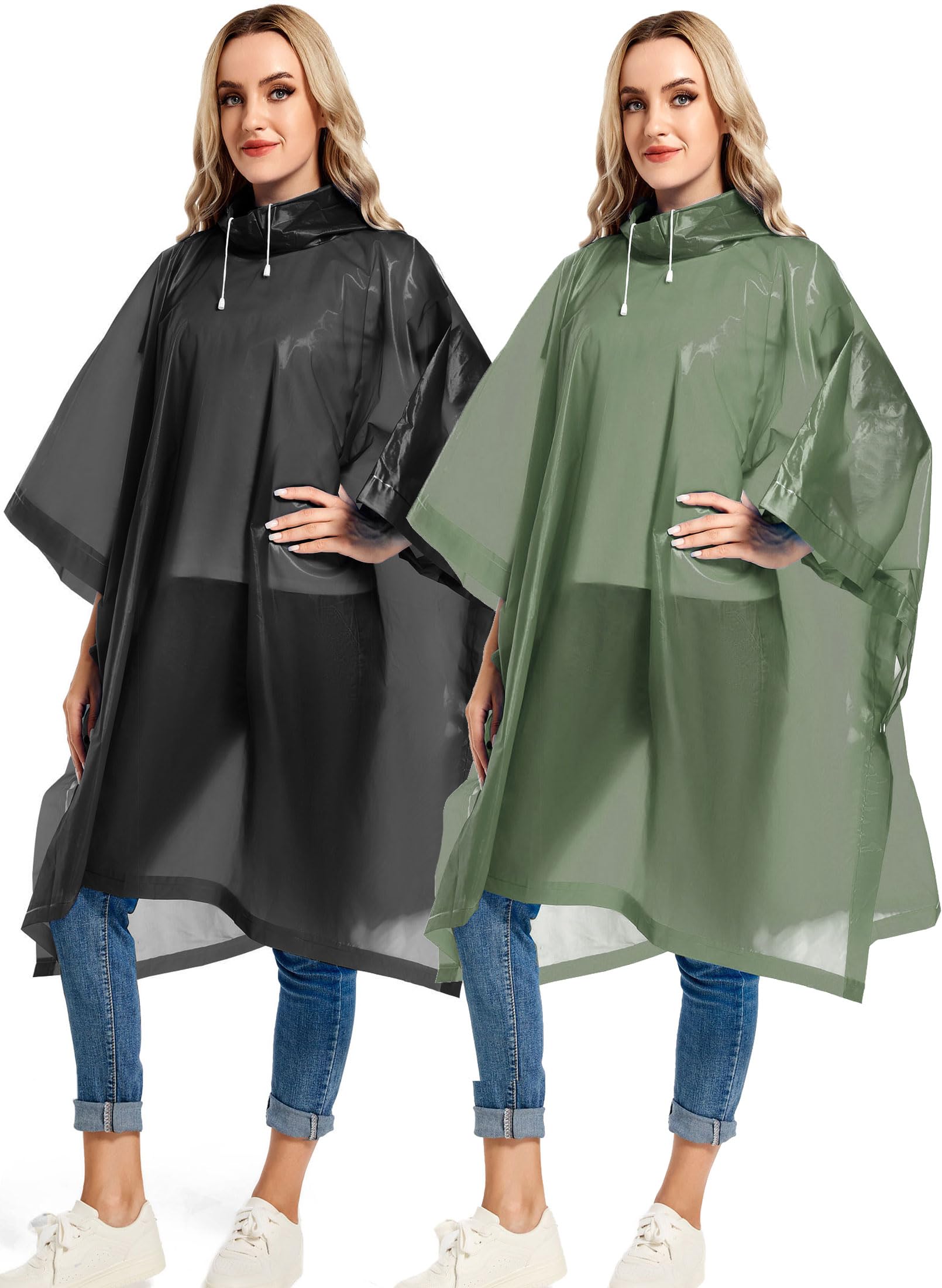 Reusable Rain Ponchos with Drawstring Hood for Adults, Waterproof Thicken Rain Coat, 2 Packs