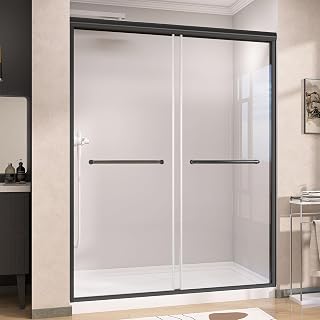 GETPRO Matte Black Semi-Frameless Sliding Shower Door 56-60x75 Inch, 5/16" Tempered Glass Bypass for Walk-In Showers