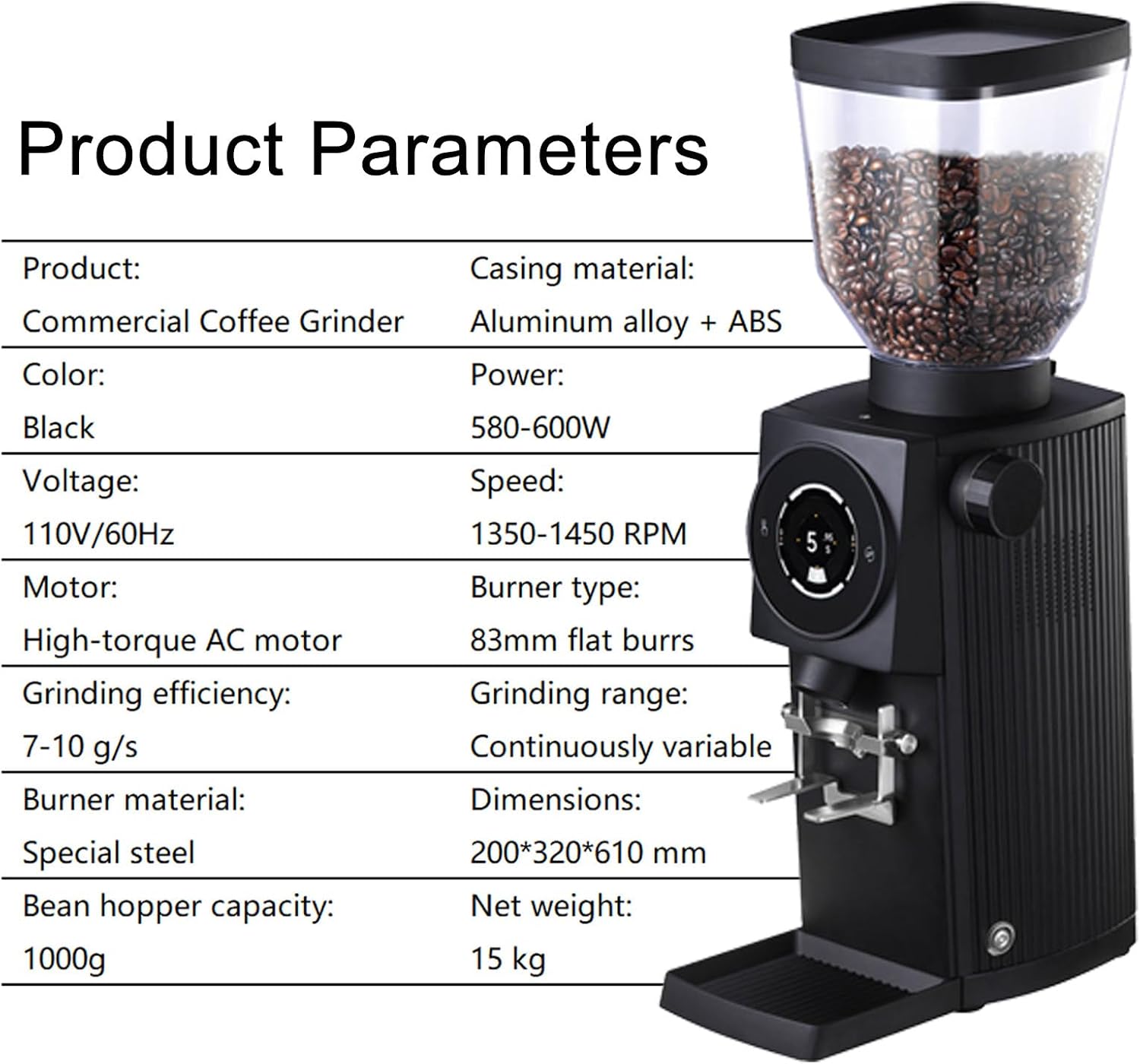 600W Electric Coffee Bean Grinder, 7-10g/s Grinding Speed, with 83MM Steel Flat Blade & Touch Control, Adjustable Time & Grind, for Professional Use