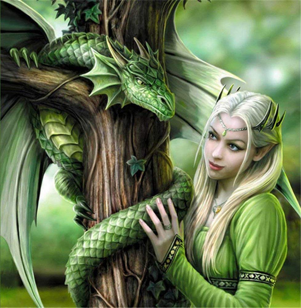 Wowdecor Dragon 5D Diamond Painting Kits, Green Animals Wolf Flowers, Full Drill Diy Diamond Art Cross Stitch Paint By Numbers
