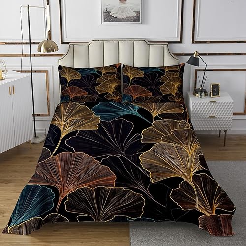 Miniatura 2 de Erosebridal Colcha de hojas de ginkgo azul y marrón con hojas de ginkgo biloba acolchada para niños y niños, juego de colcha botánica Queen estilo