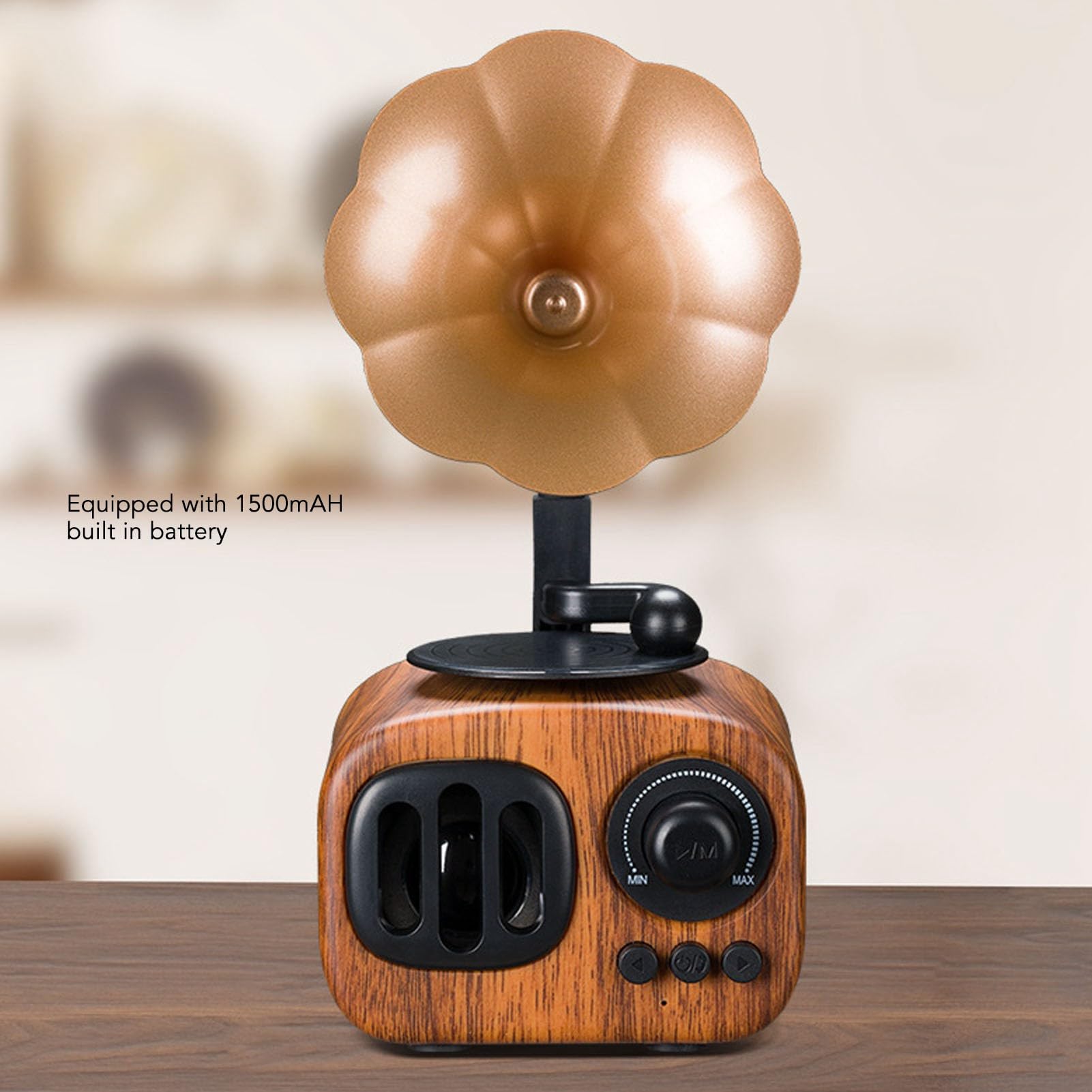 Haut-Parleur Bluetooth Gramophone Vintage, Mini Phonographe en Bois, Haut-Parleur Radio Rétro intégré avec Puce DSP et Antenne, Lecteur de Musique Rétro Prend en Disque U,