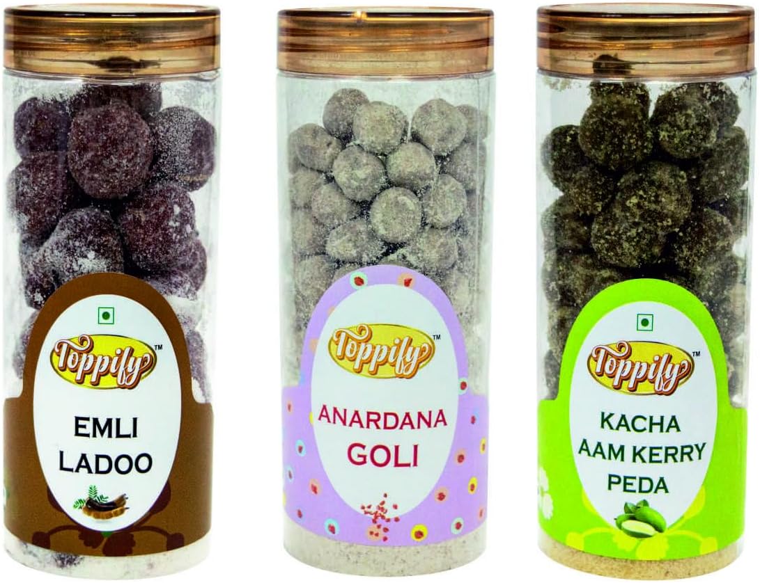 TOPPIFY Set of 3 Peda & Traditional Indian Treats – Imli Ladoo, Anardana Goli, and Kacha Aam Kerry Peda – Tangy & Sweet Flavors, Vegetarian, Digestive, Perfect for Gifting & Festive Occasions
