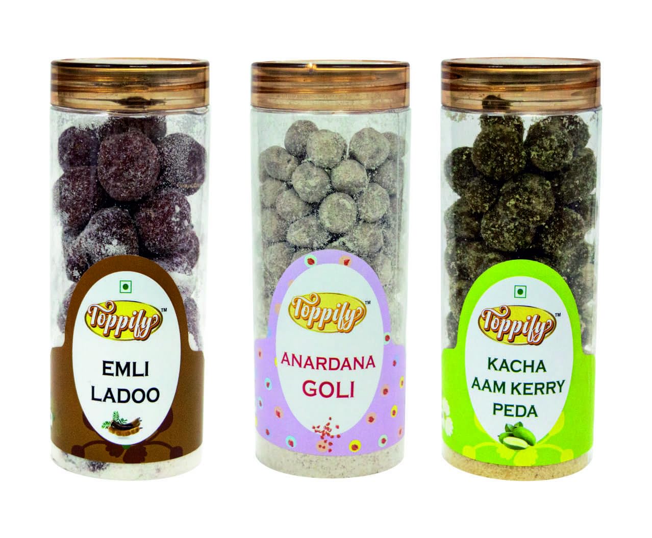 TOPPIFY Set of 3 Peda & Traditional Indian Treats – Imli Ladoo, Anardana Goli, and Kacha Aam Kerry Peda – Tangy & Sweet Flavors, Vegetarian, Digestive, Perfect for Gifting & Festive Occasions