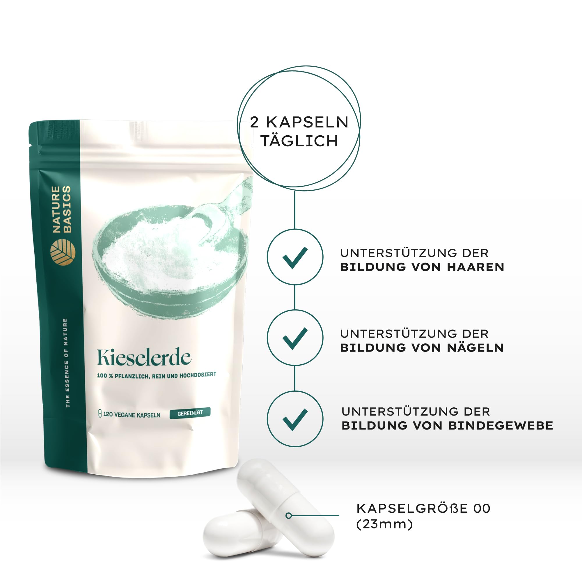Nature Basics Kieselerde Kapseln hochdosiert | 120 Stück | nachhaltig, laborgeprüft & aus Deutschland | Silizium für Haare, Nägel, Haut & Bindegewebe | vegan, gluten- und laktosefrei
