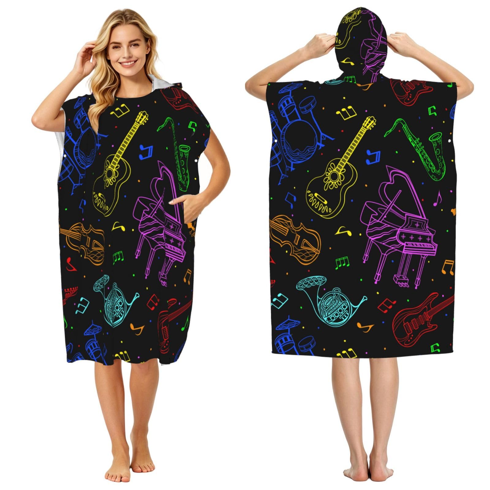 Poadnly Musical Instruments Neon Colors, Adult Hooded Beach Towel 90 x 110 cm,Changing Bath Robe, Surf Poncho Towel For Women Men