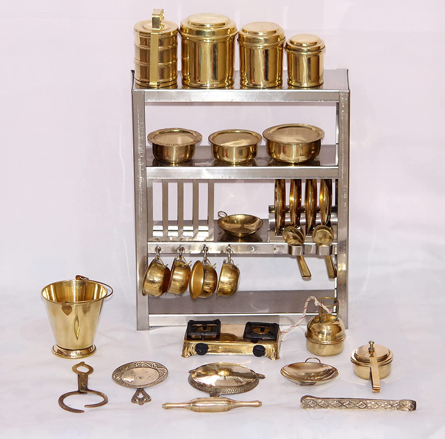 Buy Miniature Brass Kitchen Set for Kids with Stainless Steel Rack Soft