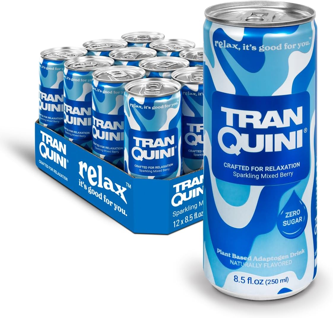 Tranquini Calming Drink With Herbal Adaptogens | Sparkling Water Stress Relief Beverage | Sugar Free, Non Alcoholic, Gluten Free, Vegan - 250ml Mixed Berry (12 cans)