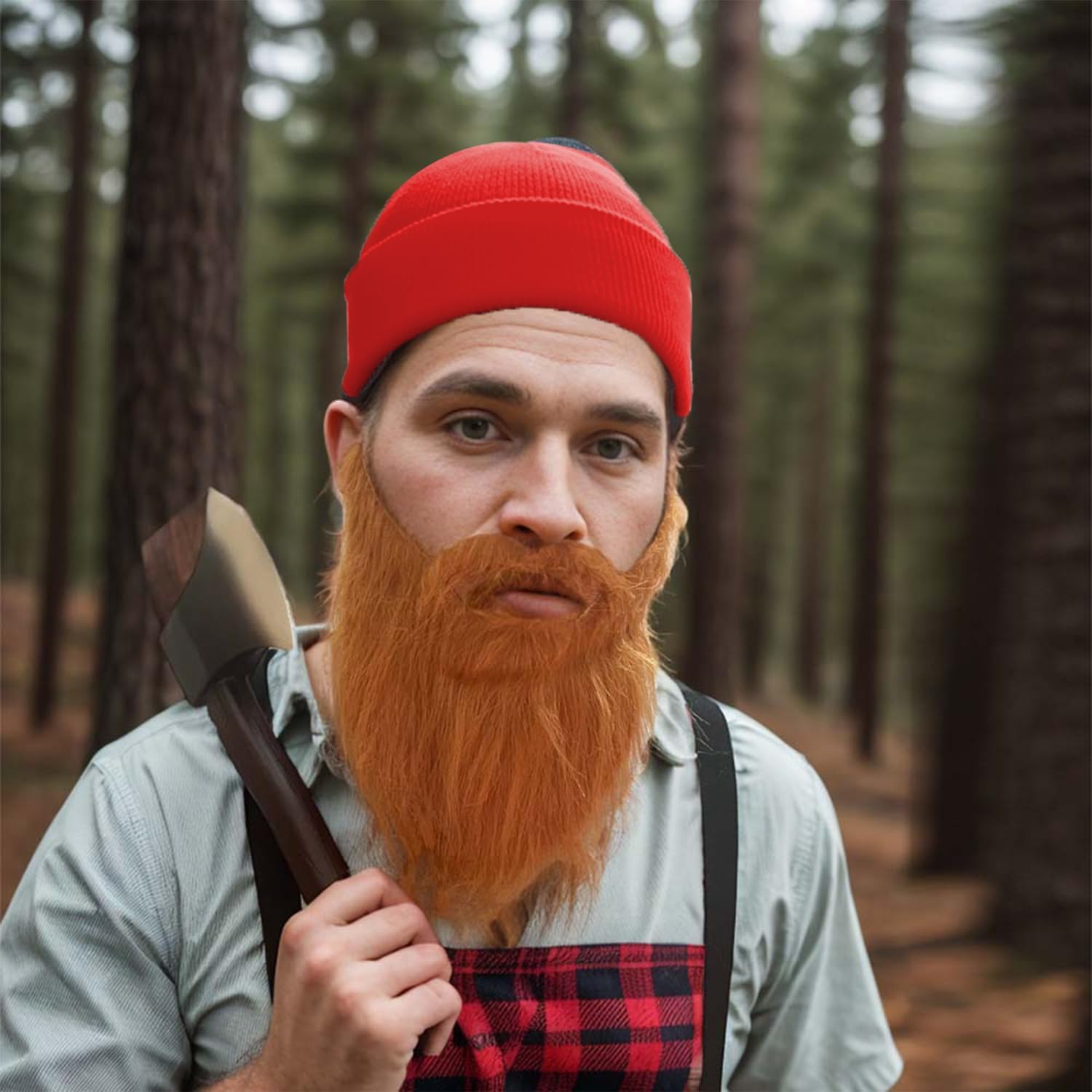 4 Pieces Lumberjack Costume Halloween Men Women Lumberjack Accessories Include Red Hat Beard Suspender Foam Axe for Halloween Costume Cosplay Party
