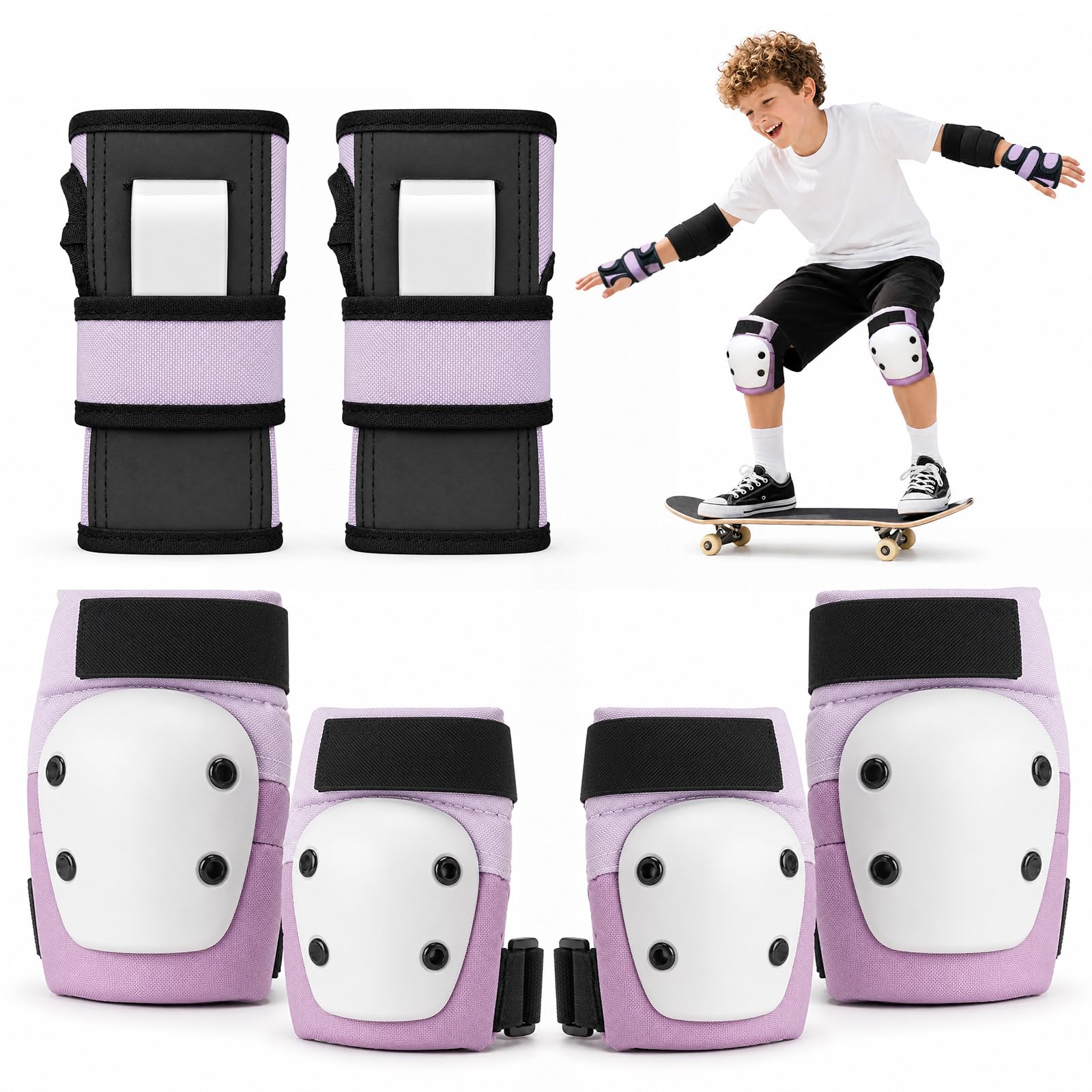 Youth Kids Adult Knee Pads Elbow Pads Wrist Guards Set, 6 in 1 Protective Gear for Roller Skating, Skateboard, Inline Skating, Scooter, BMX, Cycling, Outdoor Sports (3-15 Years & Adults), Pink - S