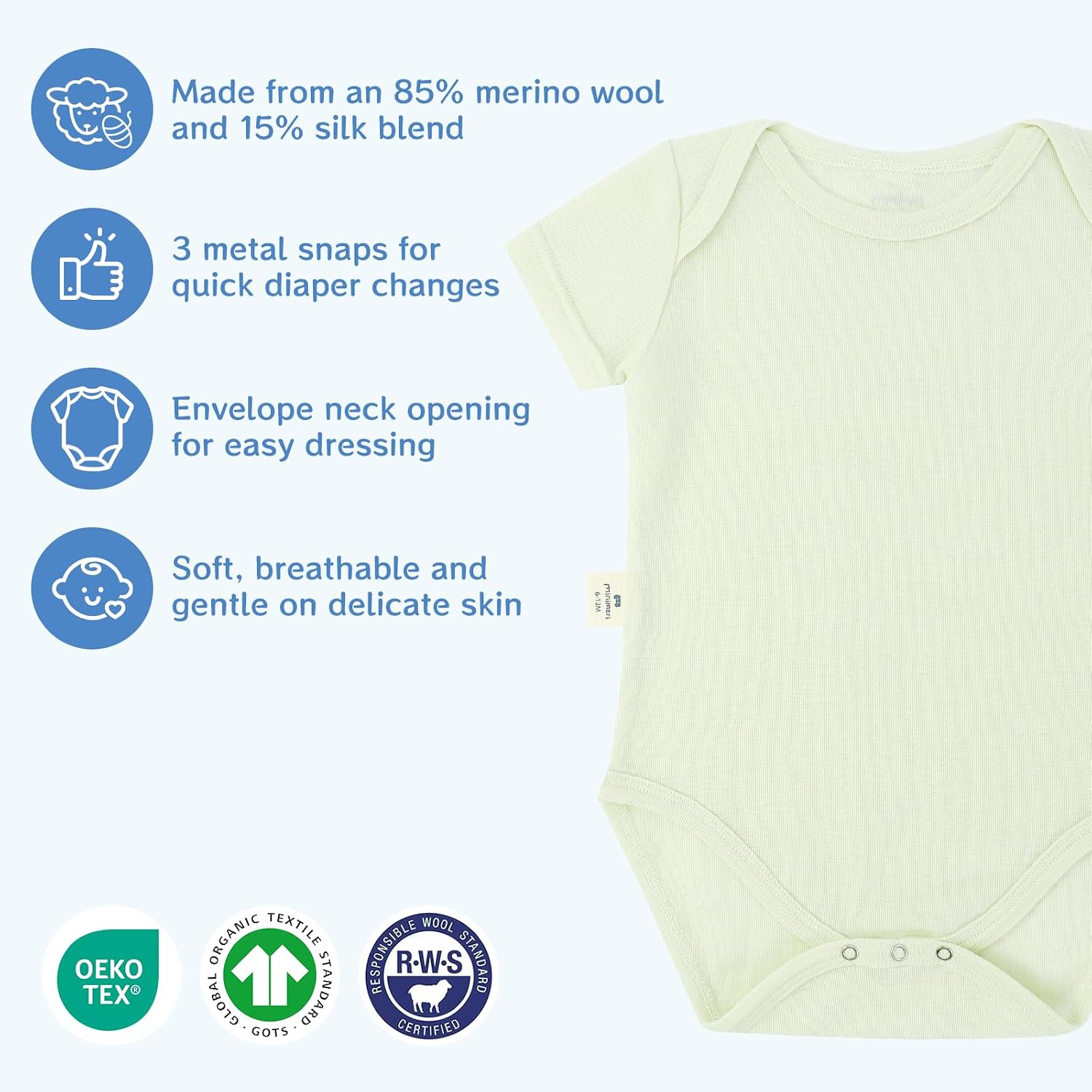 Baby Merino Wool Silk Bodysuit for Baby Boys & Girls, Short Sleeve Envelope Neck, Soft Base Layer with Snaps