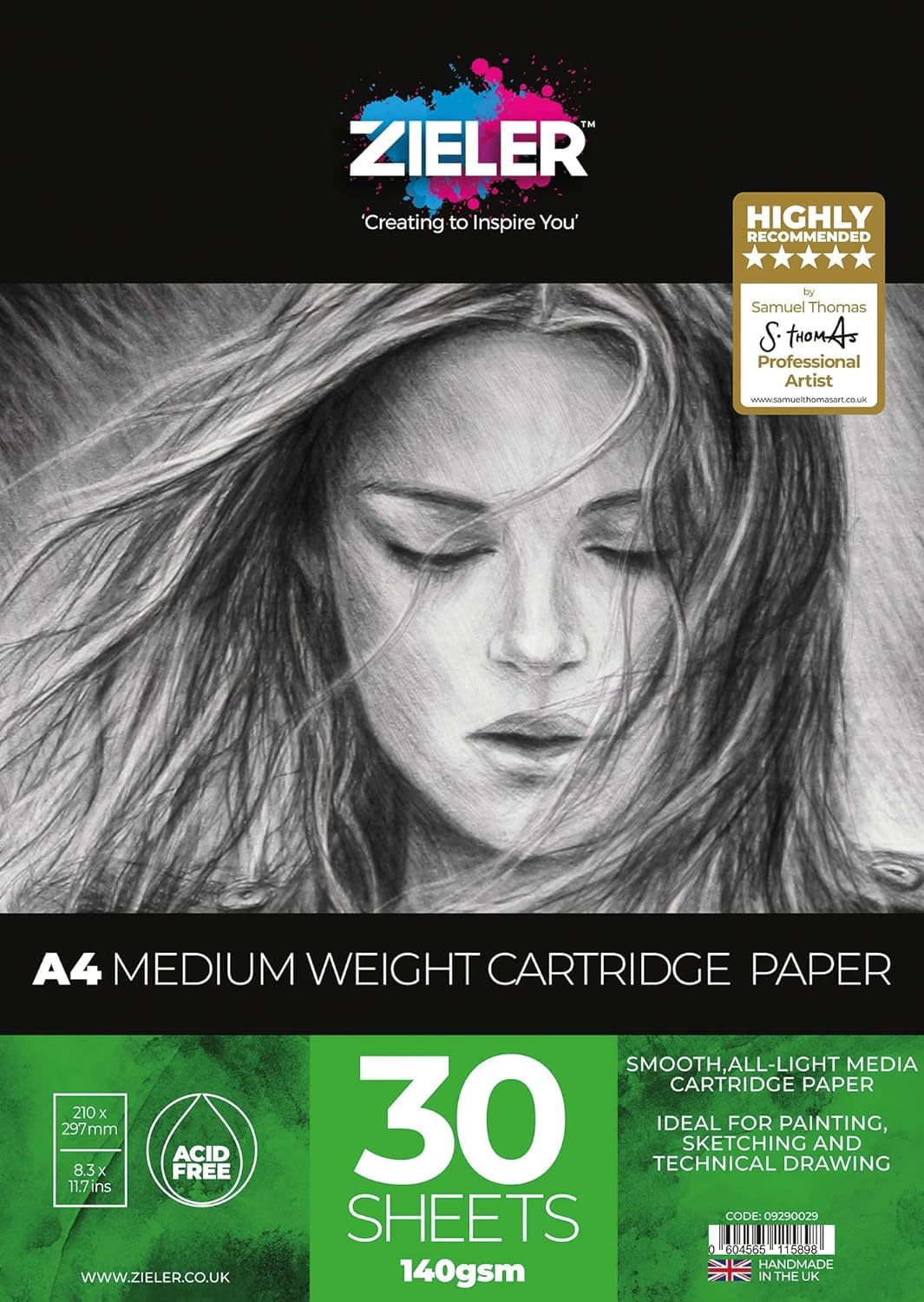 Medium Weight Cartridge Paper Pad - 140gsm, 30 Sheets (Smooth) - by Zieler™ - Suitable for Painting Sketching & Technical Drawing. (A4)