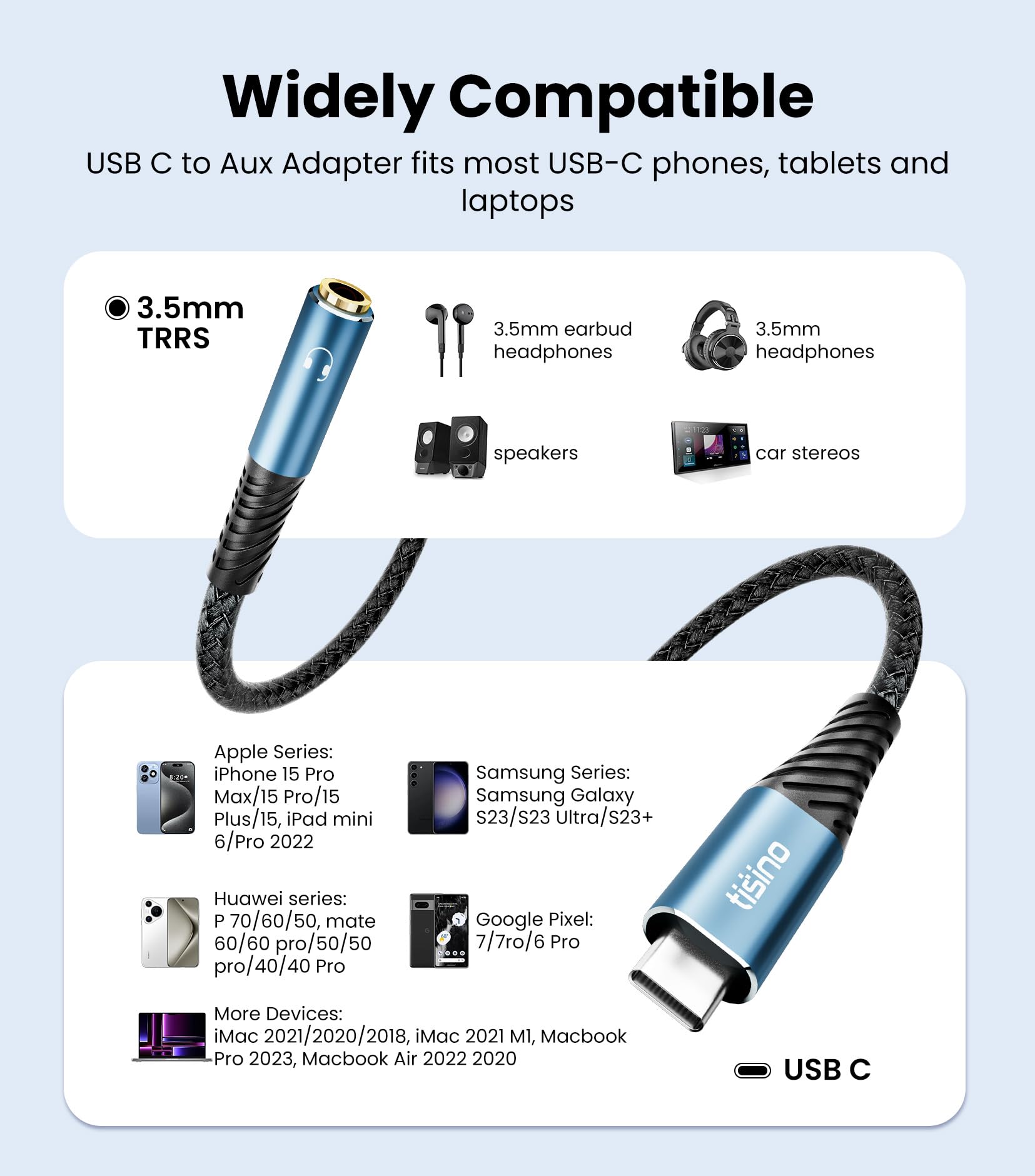 Tisino Adattatore da USB C a jack per cuffie TRS 3,5 mm (1 m) cavo USB C AUX femmina 384 kHz/32 bit per iPhone 16/15 Samsung S20/S20 Ultra Pixel 4/4XL