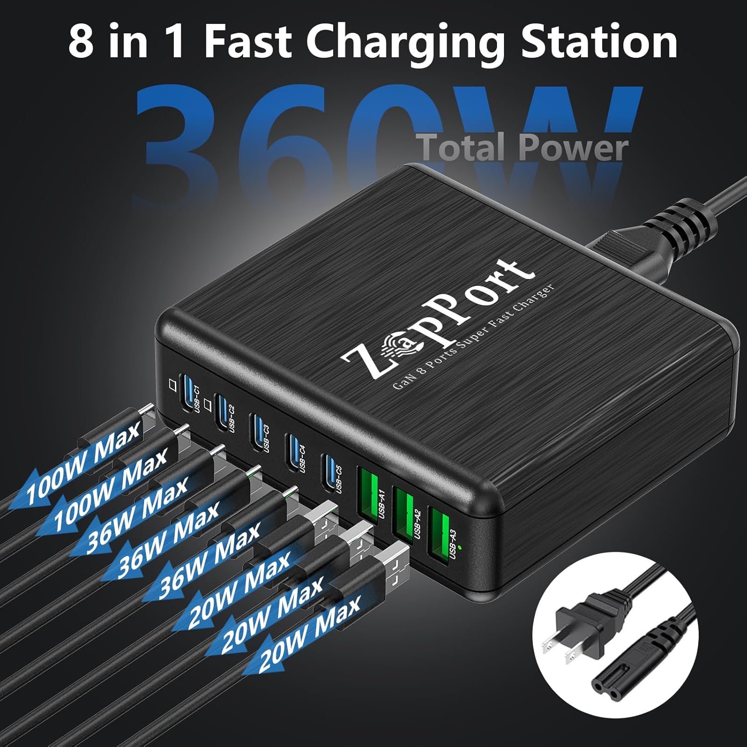 360W USB C Charging Station - 8 Ports Fast Charger Block | PD 100W | GaN Charger Block for Multiple Devices, Charging Hub for Laptop MacBook Pro/Air/iPad Pro/iPhone