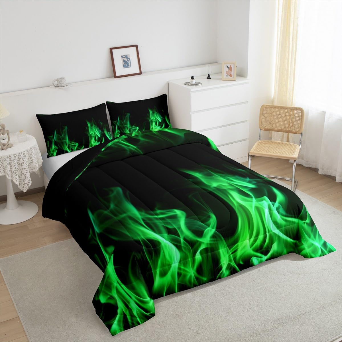 Castle Fairy Green Flame Comforter Set Full Size,Cool Burning Flames Bedding Set 3Pcs for Kids Boys Men Teens Room Decor,Modern Fashion Quilted Duvet Soft Black Down Comforter,2 Pillowcases