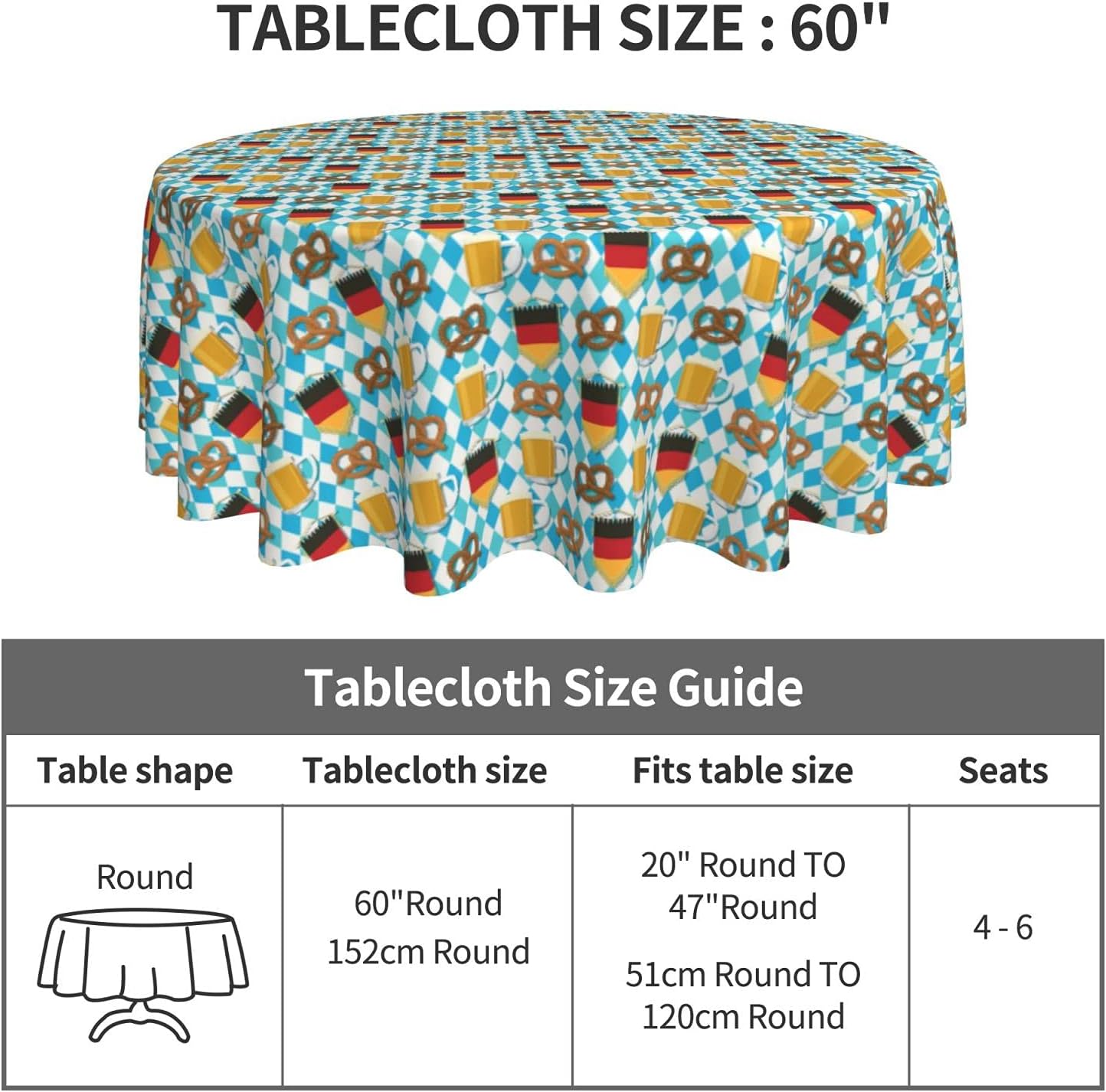 Patriots Oktoberfest Flag Round Tablecloth 60 Inch Fabric Dining Table Cloth Cover for Holiday Home Picnic Party Wedding Buffet Parties Camping Black2 One Size