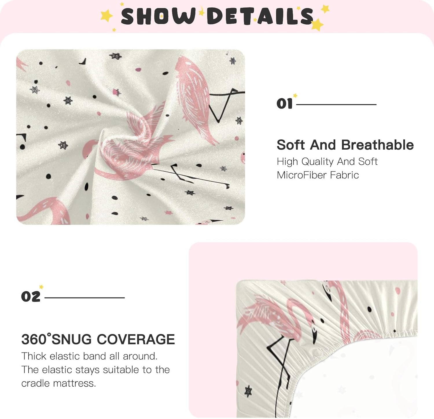 Summer Pink Flamingo Crib Sheets Stretchy Portable Sheets for Baby Toddler Breathable Soft Crib Mattress Sheet for Girls Boys