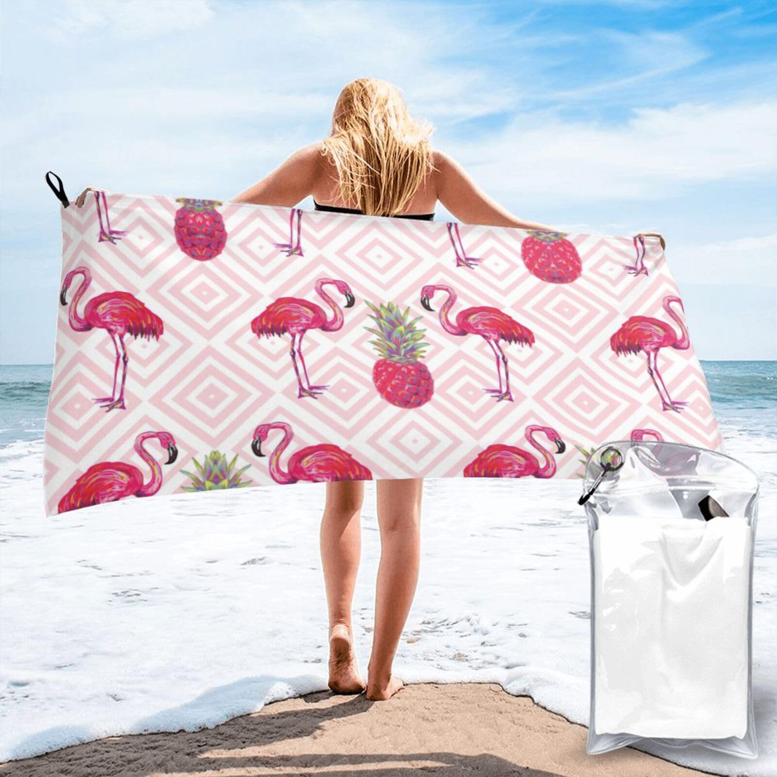 SDEGTHO Pink Flamingo Pineapple Print Beach Towel Quick Dry Portable For Swimming Yoga Adults Fitness