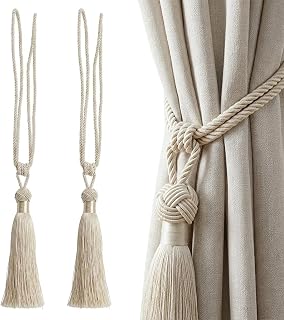 TopHomer 2 Pack Curtain Tags - 9 Color Options, Handmade Braided Rope Knot Curtain Backsides European Style Decorative Curtain Holders for Home Office Window Curtain (Beige)