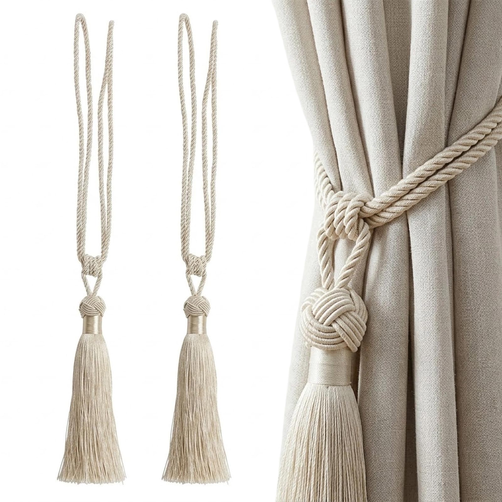 TopHomer 2 Pack Curtain Tie backs - 9 color Options, Handmade Braided Rope Knot Drape Tie Backs European Style Decorative Curtain Holdbacks for Home Office Window Drapery (Beige)