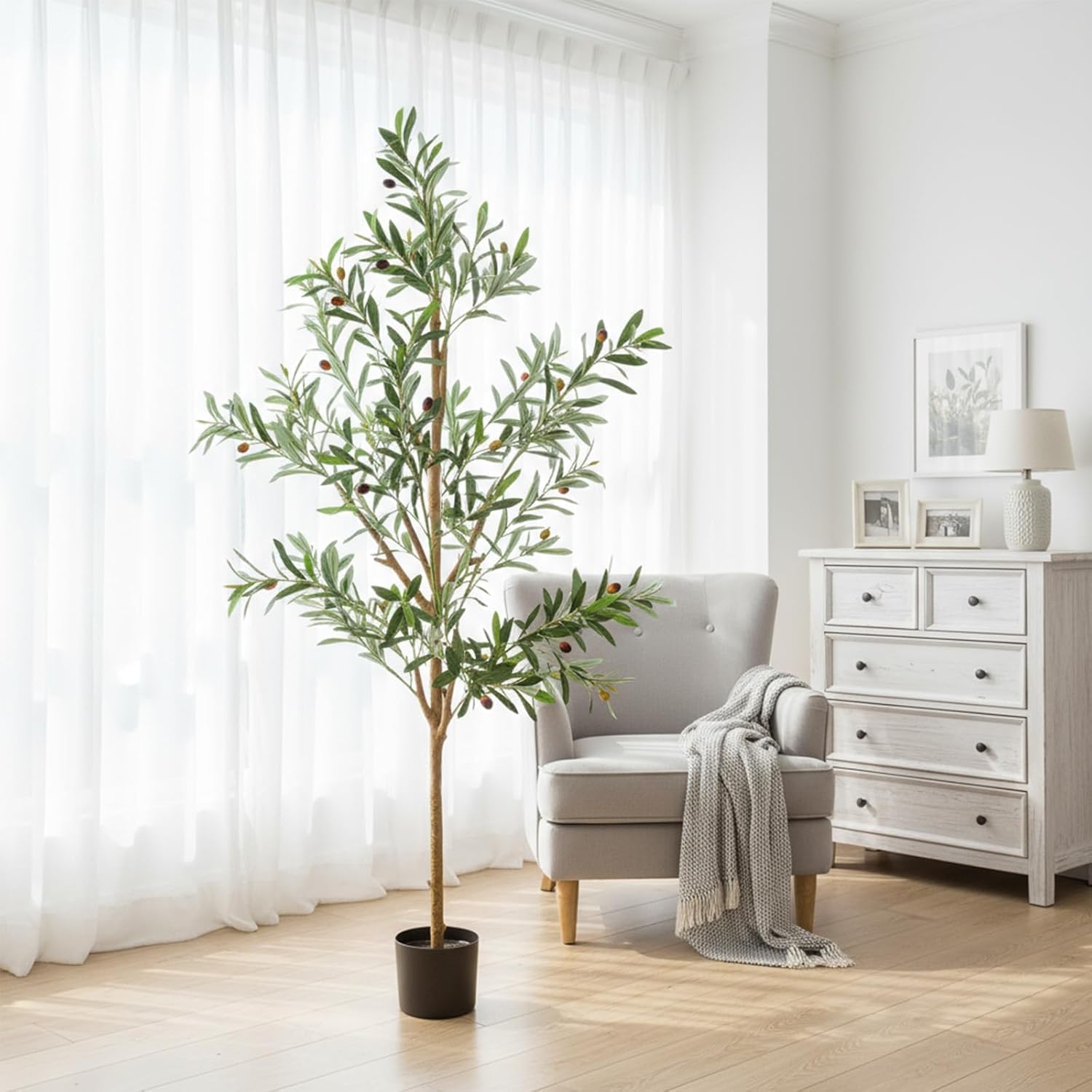 Olive Trees Artificial Indoor, 5FT Tall Faux Olive Tree with Black Pot, Moss, Lifelike Wood Trunk and Fruits,Suitable for for Modern Home Office House Living Room Decor