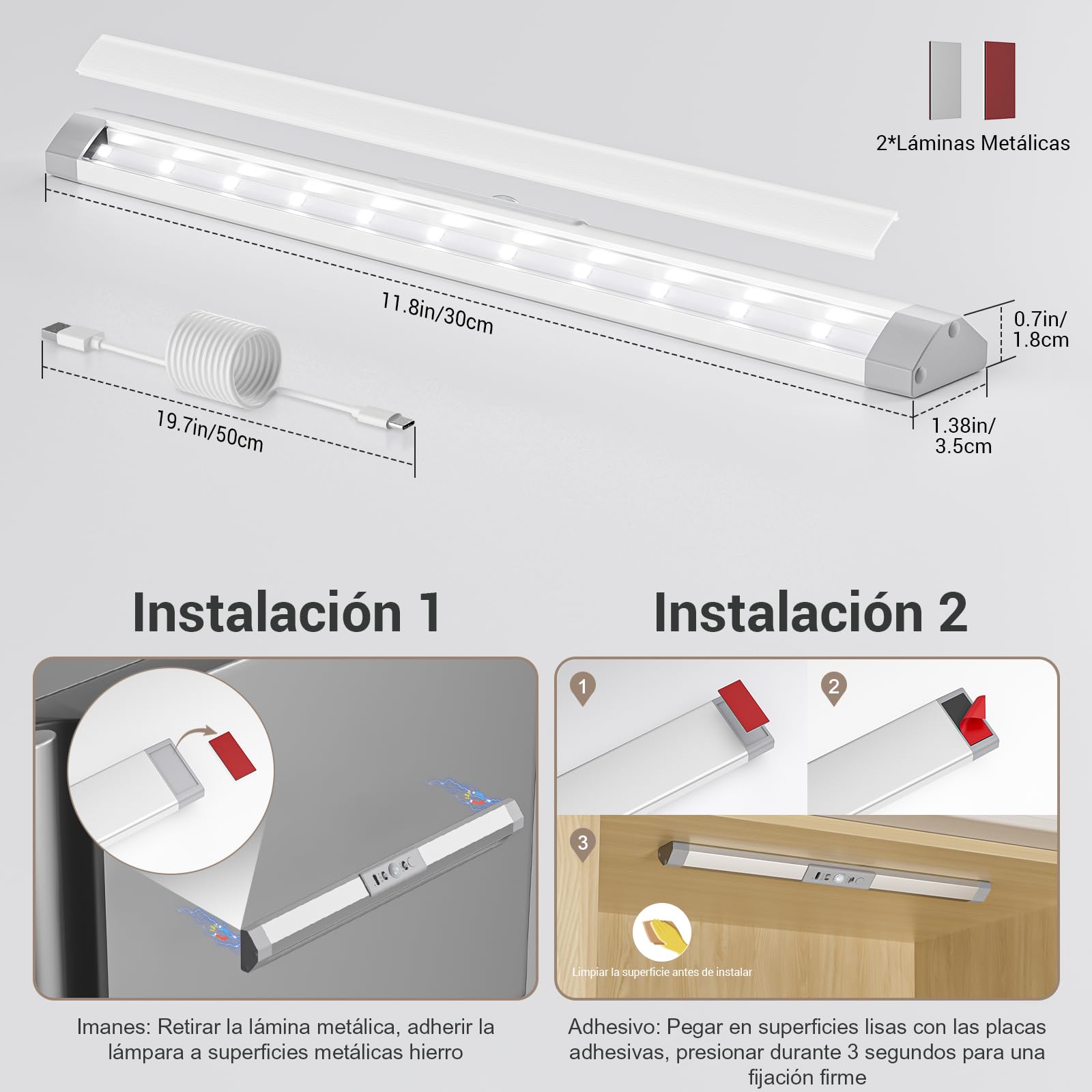 WOBANE Luz Armarios con Sensor de Movimiento Recargable Luz Nocturna, Protección Ocular Luces Mueble con 3 Colores y Regulable para Cocina, Vitrina, Estanterías, 2 Pack