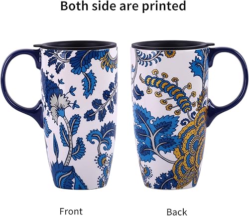 Miniatura 20 de DUSVALLY Taza de cerámica grande taza de café alta tazas de viaje taza de té de porcelana con tapa 17oz, abeja Abeja,Flor azul,Verde,Flamenco,Flor