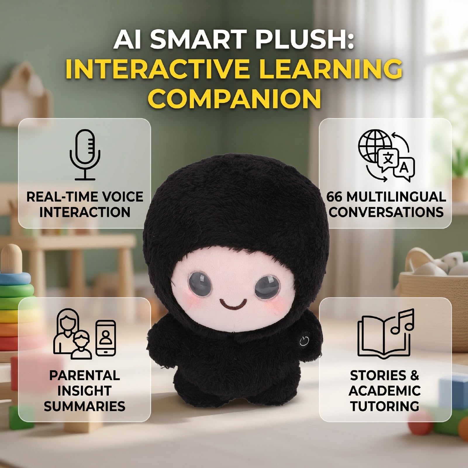 Juguete Inteligente de Peluche para Niños, Compañero Educativo (Black)